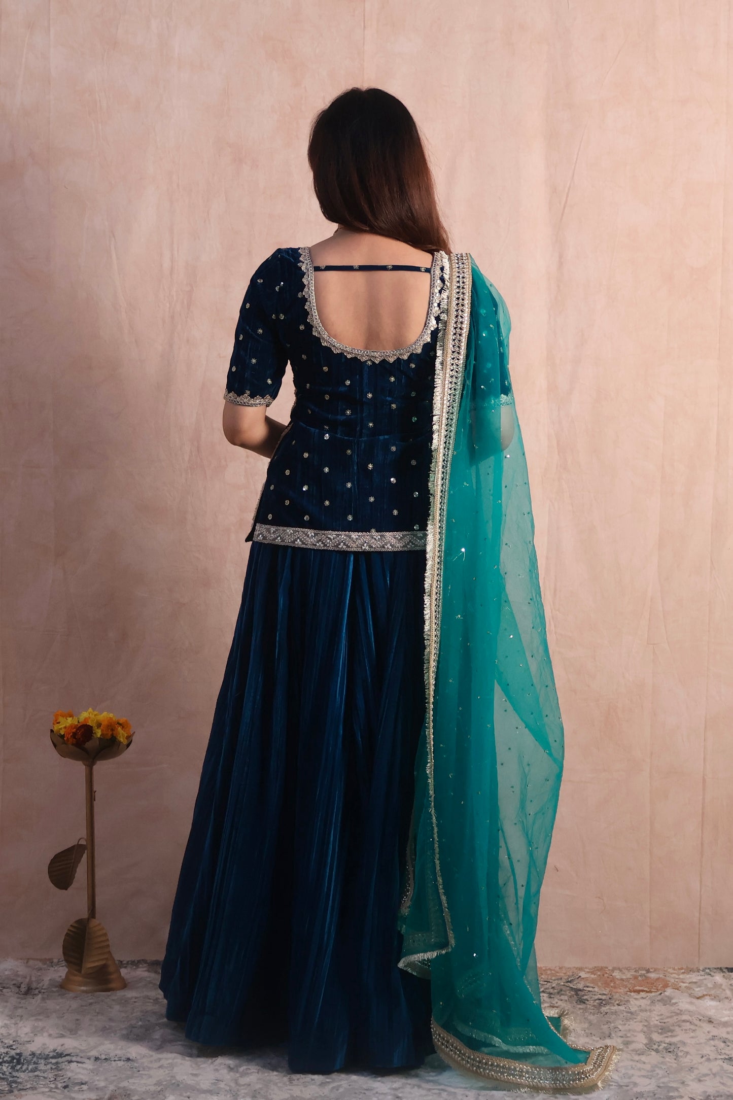 Regal Blue Crushed Embroidered Velvet Lehenga Set
