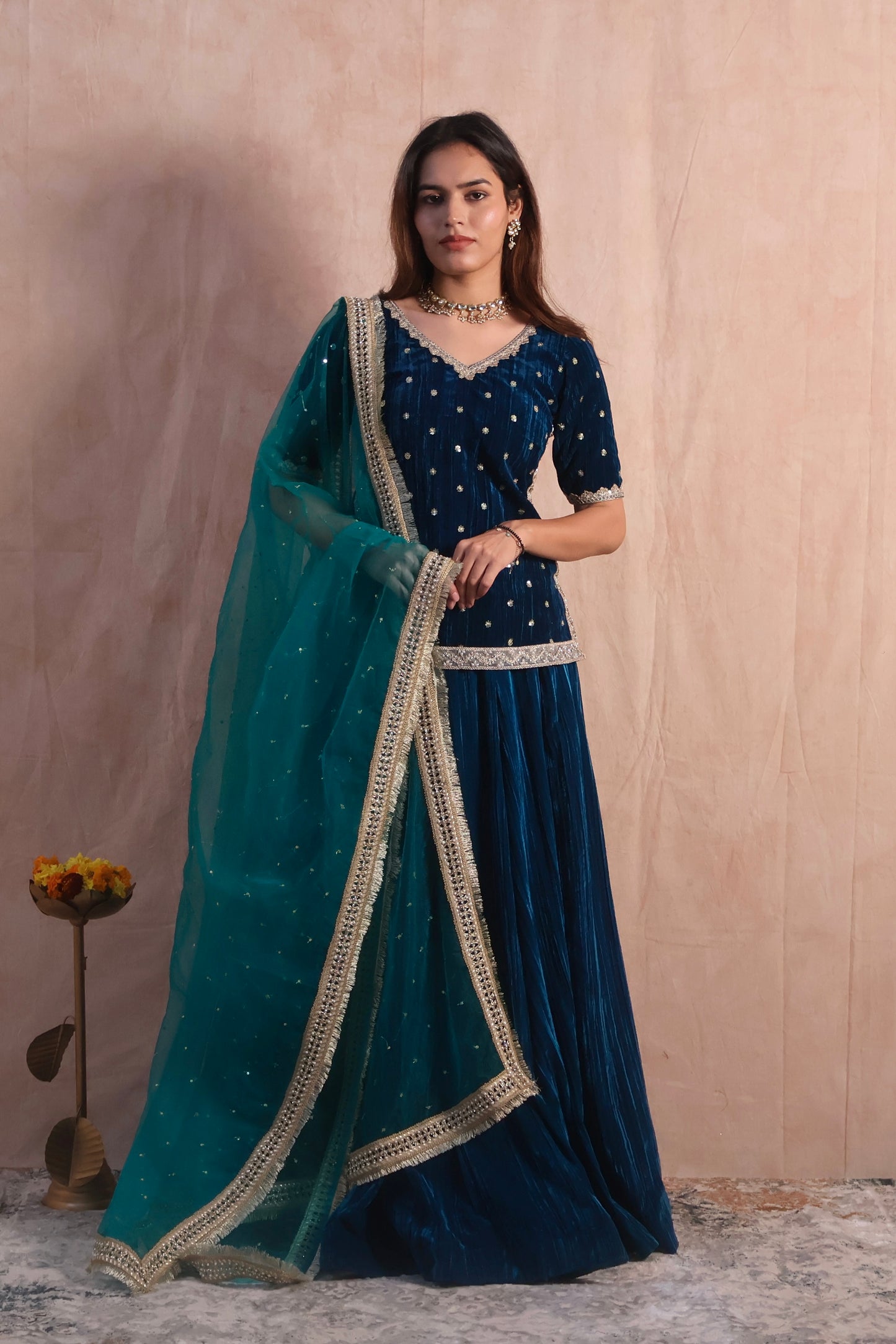 Regal Blue Crushed Embroidered Velvet Lehenga Set