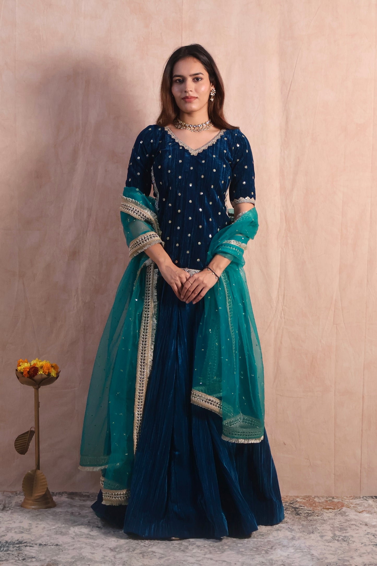 Regal Blue Crushed Embroidered Velvet Lehenga Set