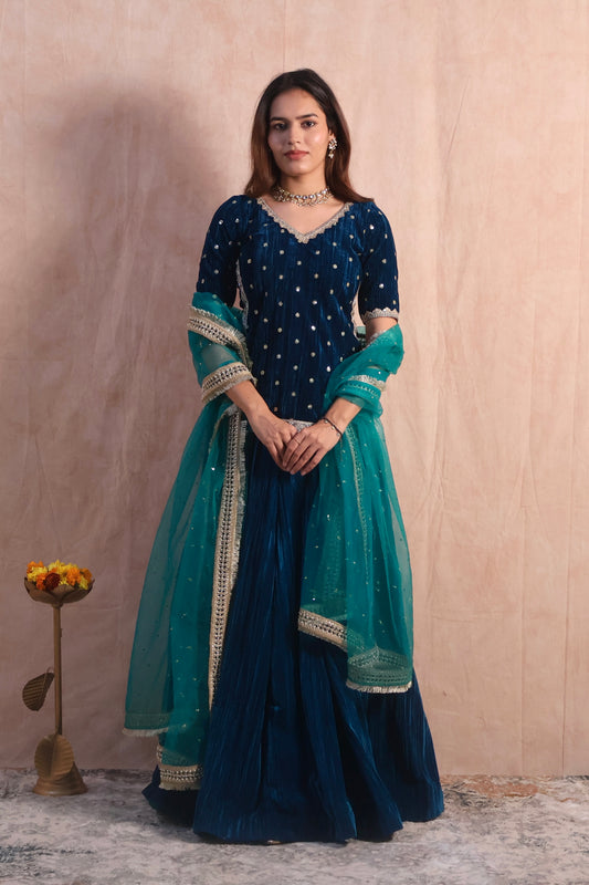 Regal Blue Crushed Embroidered Velvet Lehenga Set