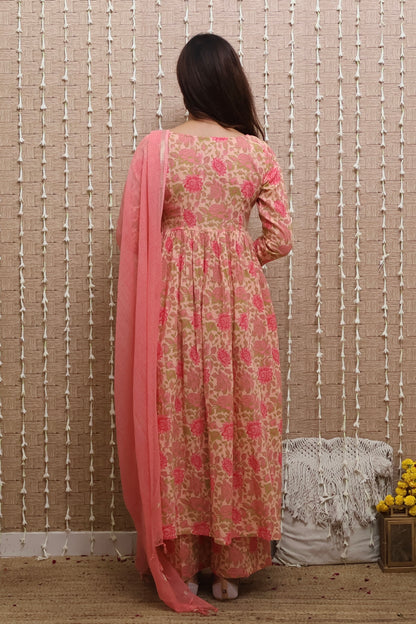 Peach Floral Cotton Kurta Set