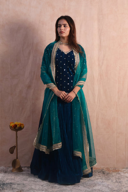 Regal Blue Crushed Embroidered Velvet Lehenga Set