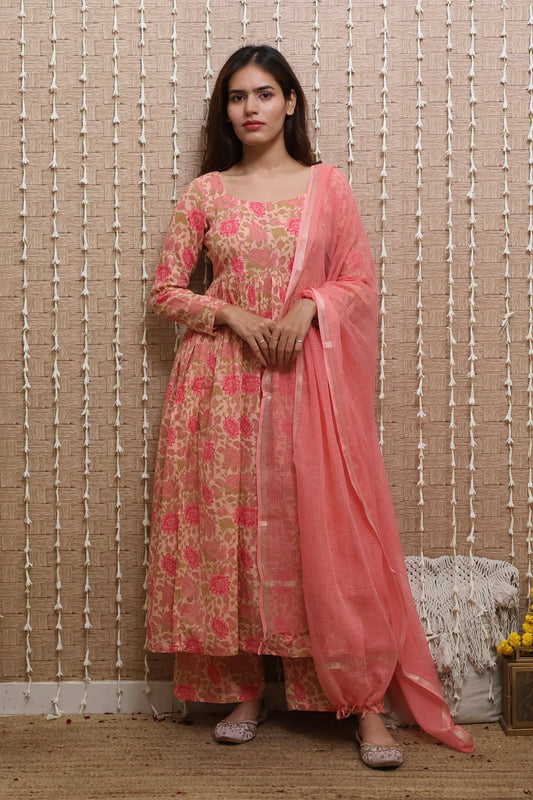 Peach Floral Cotton Kurta Set