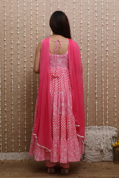 Pink Cotton Tiered Anarkali set