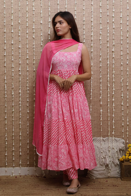 Pink Cotton Tiered Anarkali set