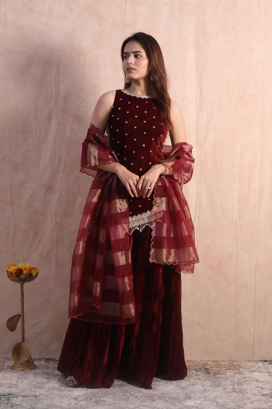Maroon Velvet Embroidered Sharara Set