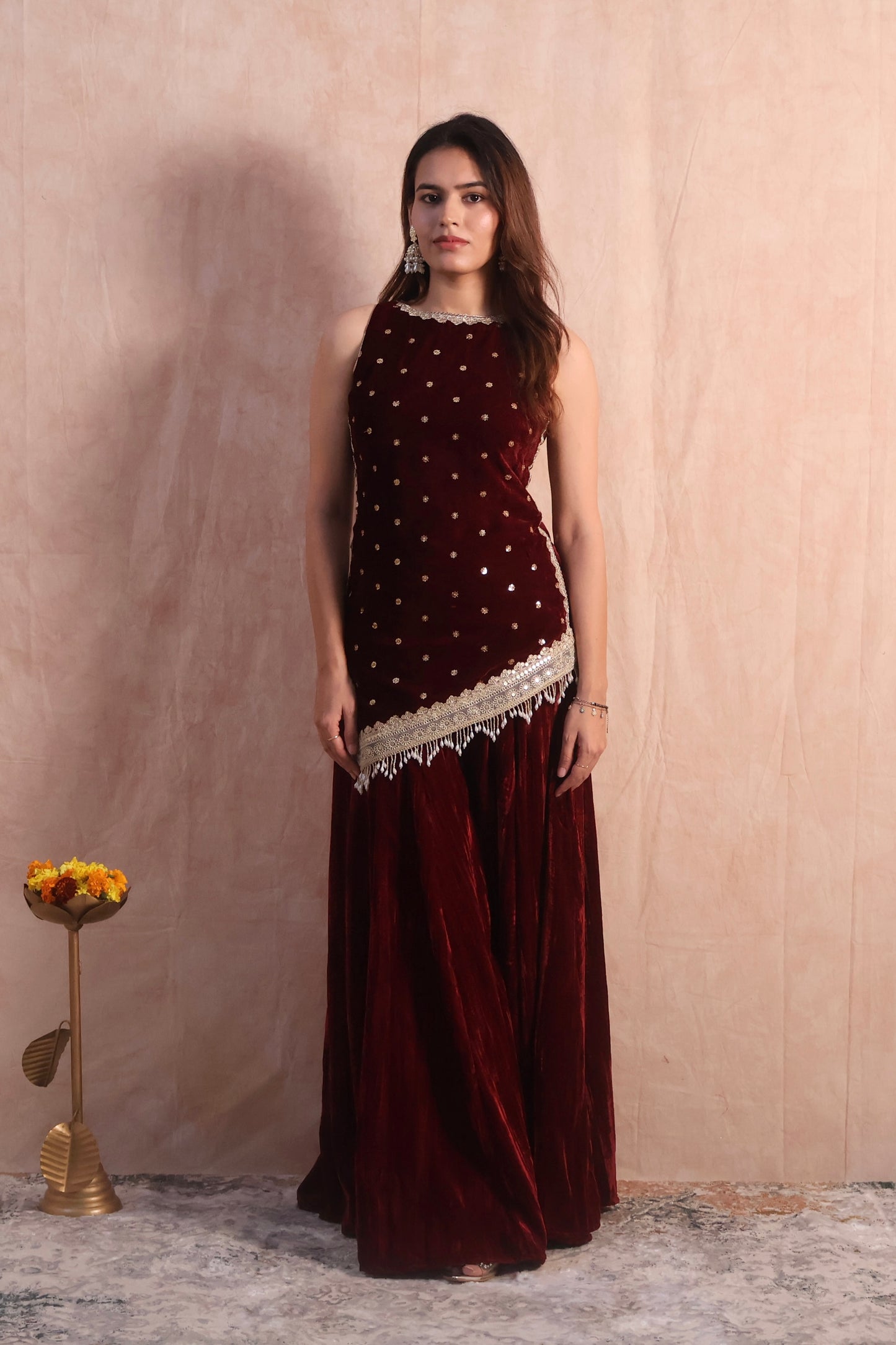 Maroon Velvet Embroidered Sharara Set