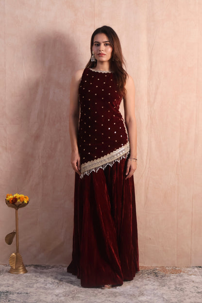 Maroon Velvet Embroidered Sharara Set