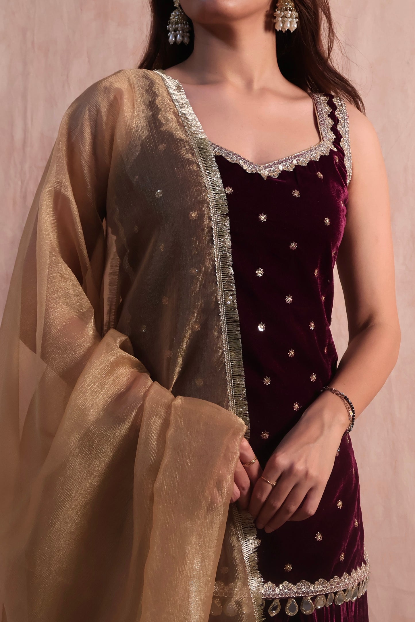 Wine Velvet Embroidered Sharara Set