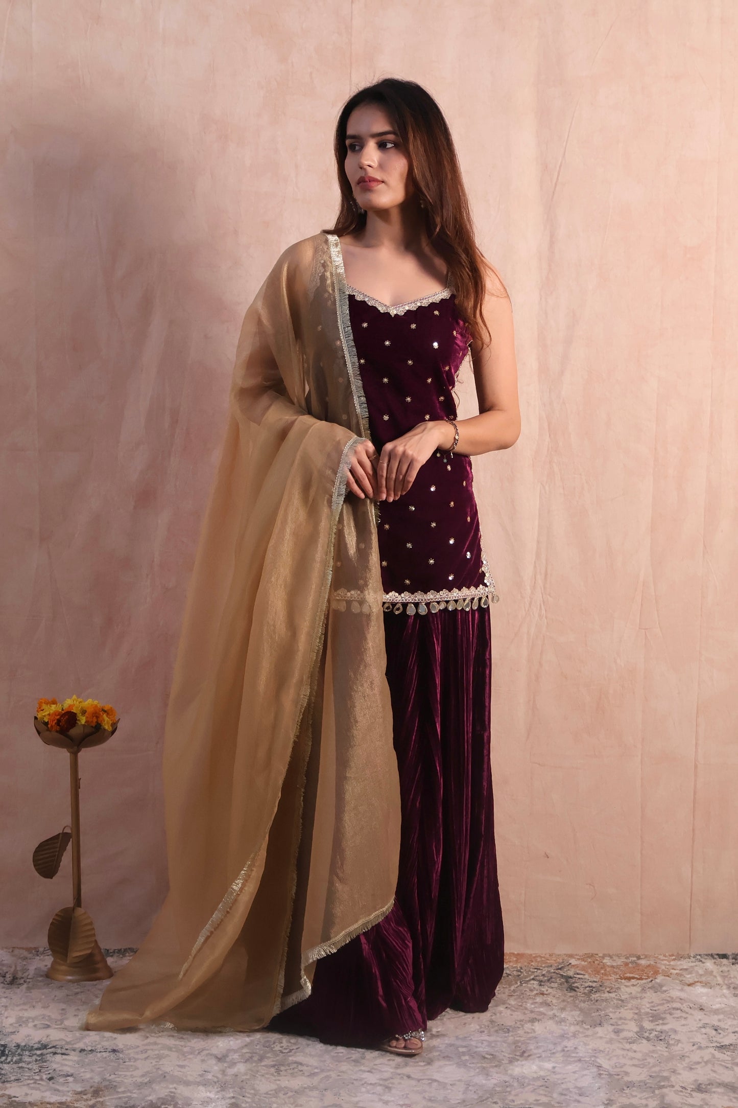 Wine Velvet Embroidered Sharara Set