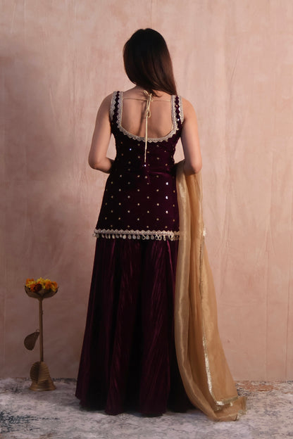 Wine Velvet Embroidered Sharara Set