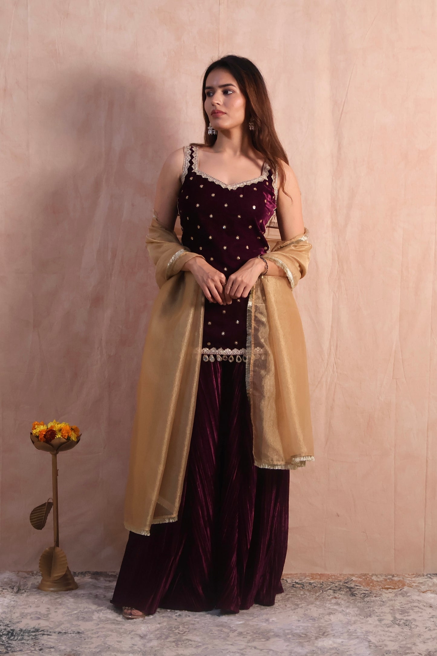 Wine Velvet Embroidered Sharara Set