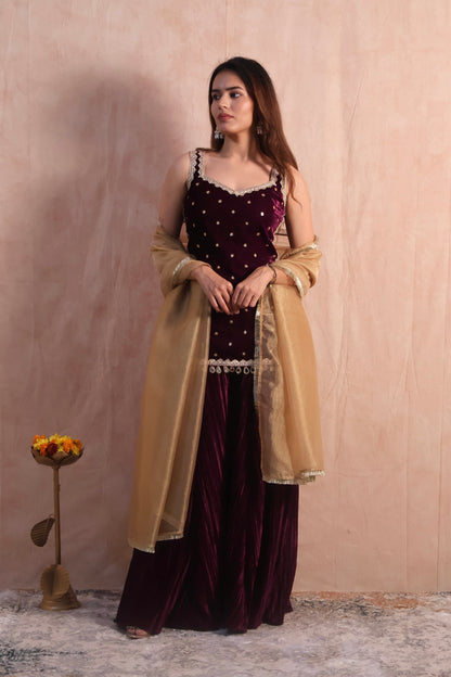 Wine Velvet Embroidered Sharara Set