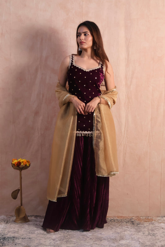 Wine Velvet Embroidered Sharara Set