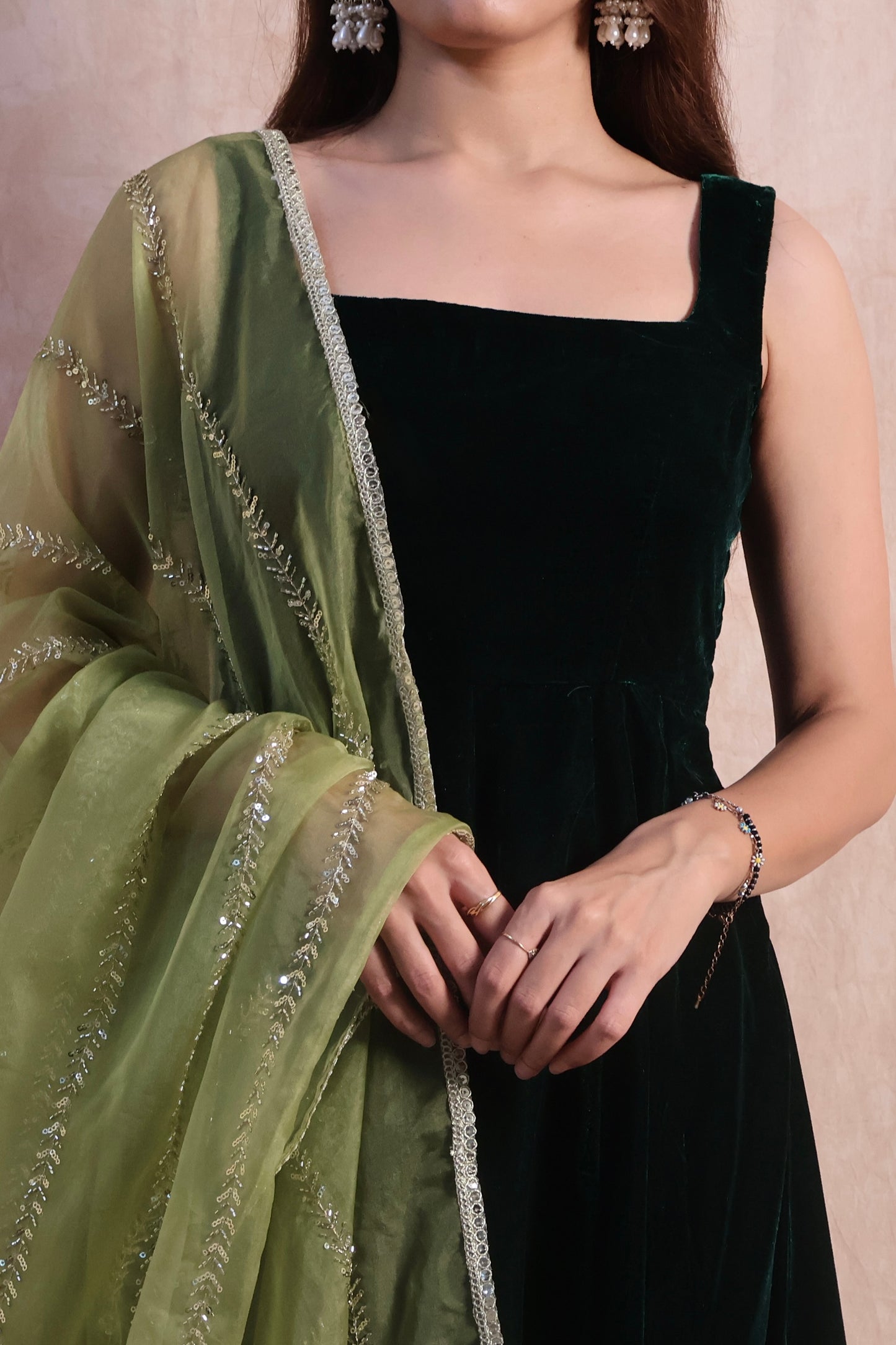 Bottle Green Velvet Anarkali Set