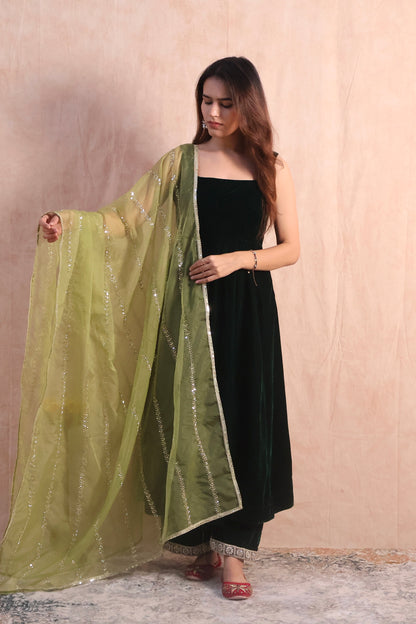 Bottle Green Velvet Anarkali Set