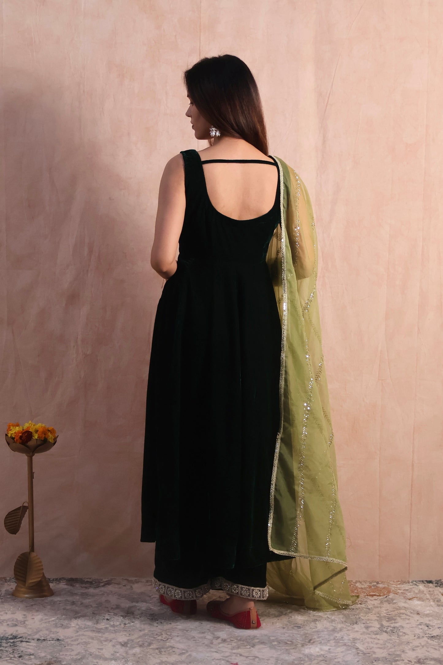 Bottle Green Velvet Anarkali Set