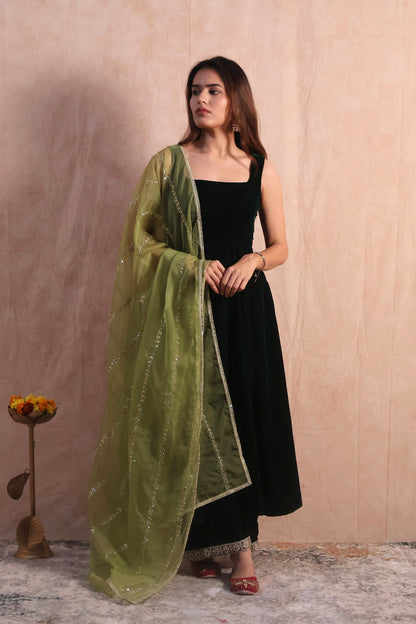 Bottle Green Velvet Anarkali Set