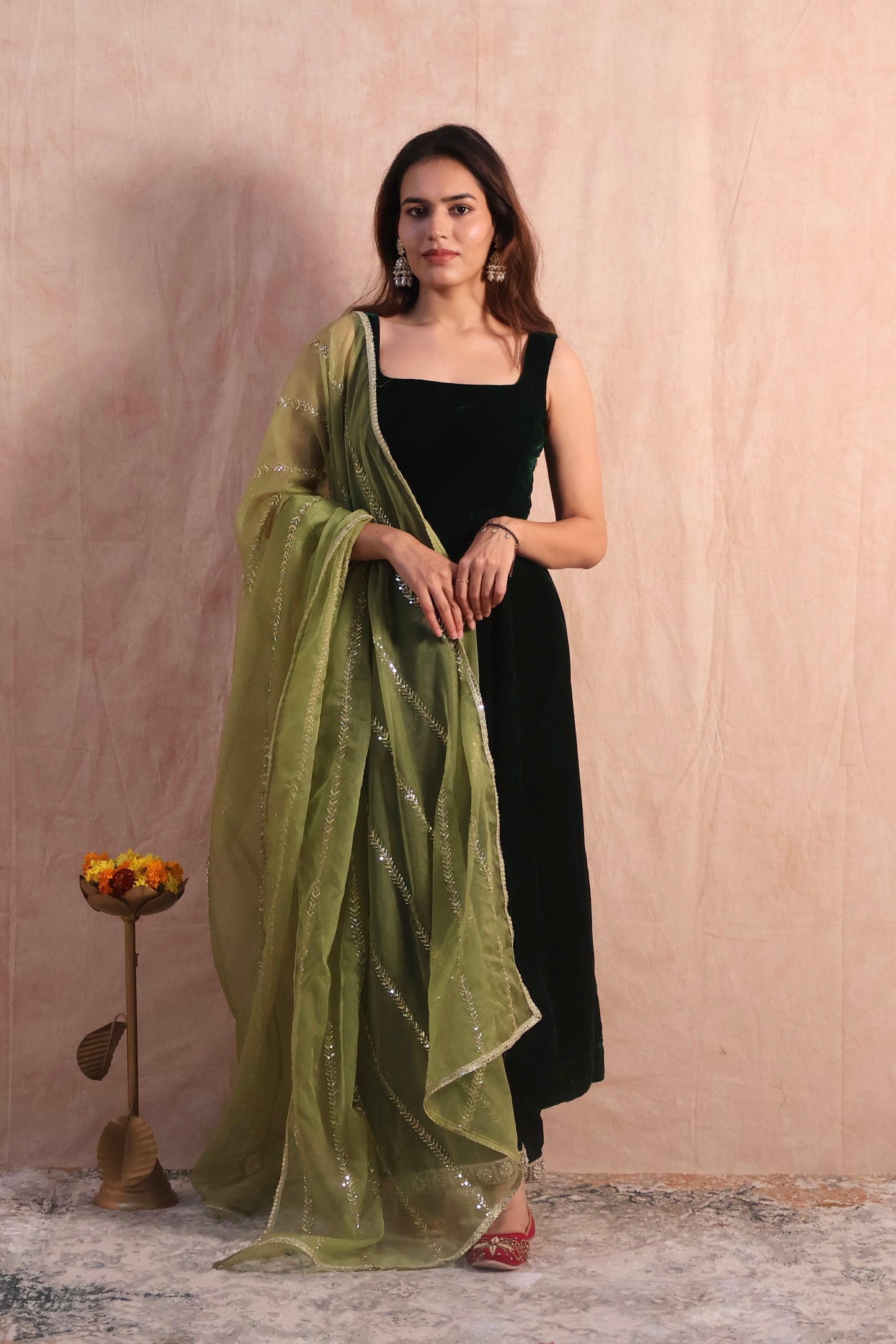 Bottle Green Velvet Anarkali Set