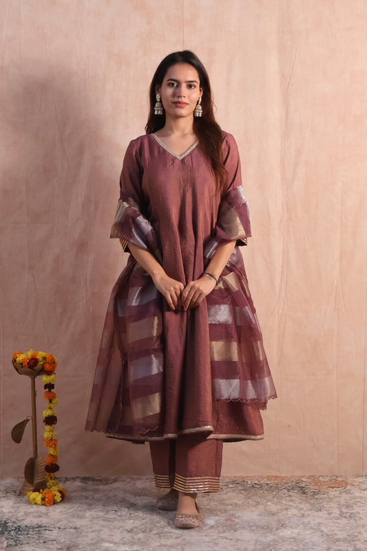 Dark Mauve Silk Anarkali Set