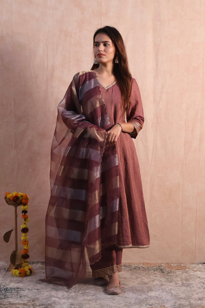 Dark Mauve Silk Anarkali Set