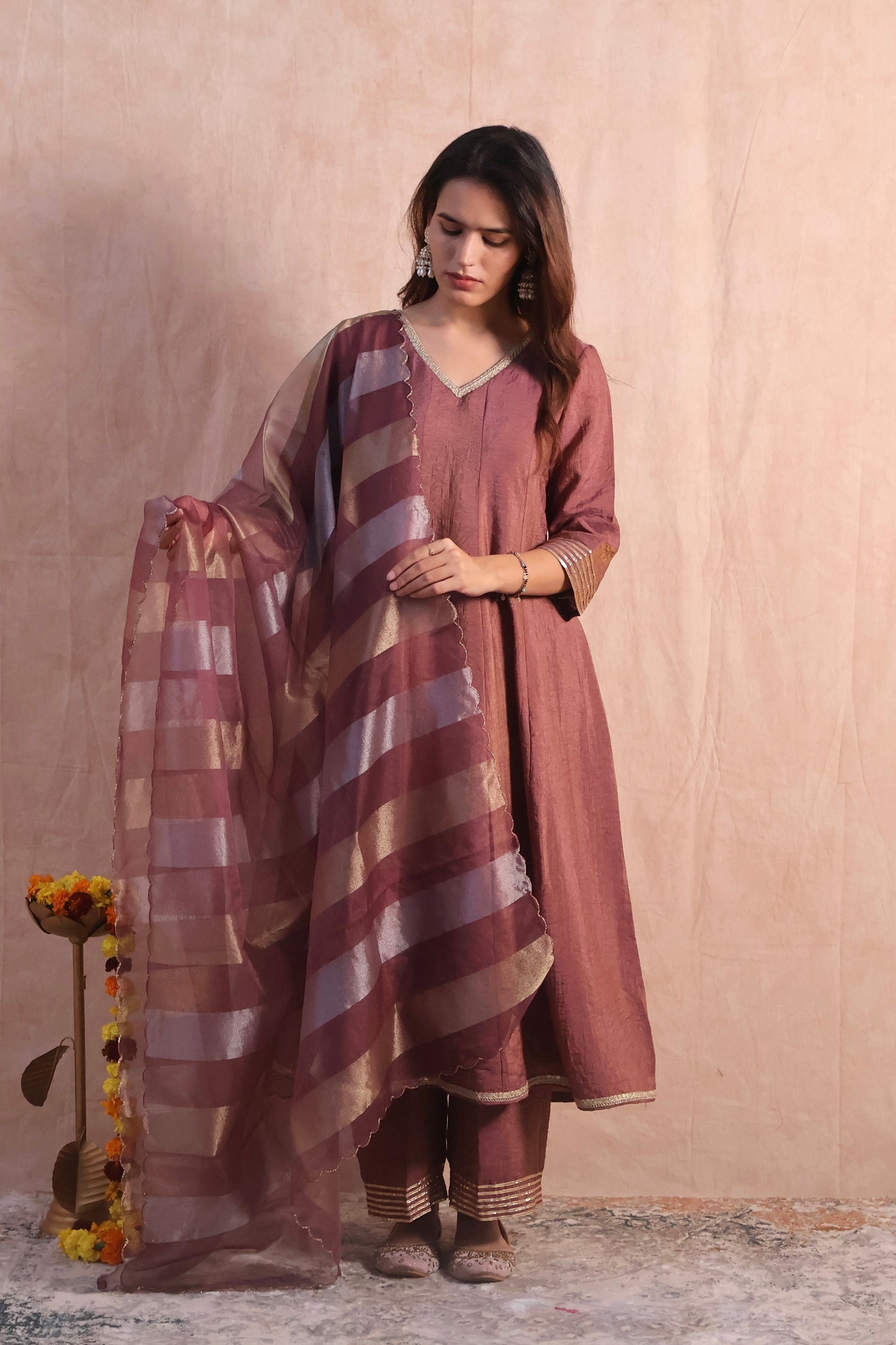 Dark Mauve Silk Anarkali Set