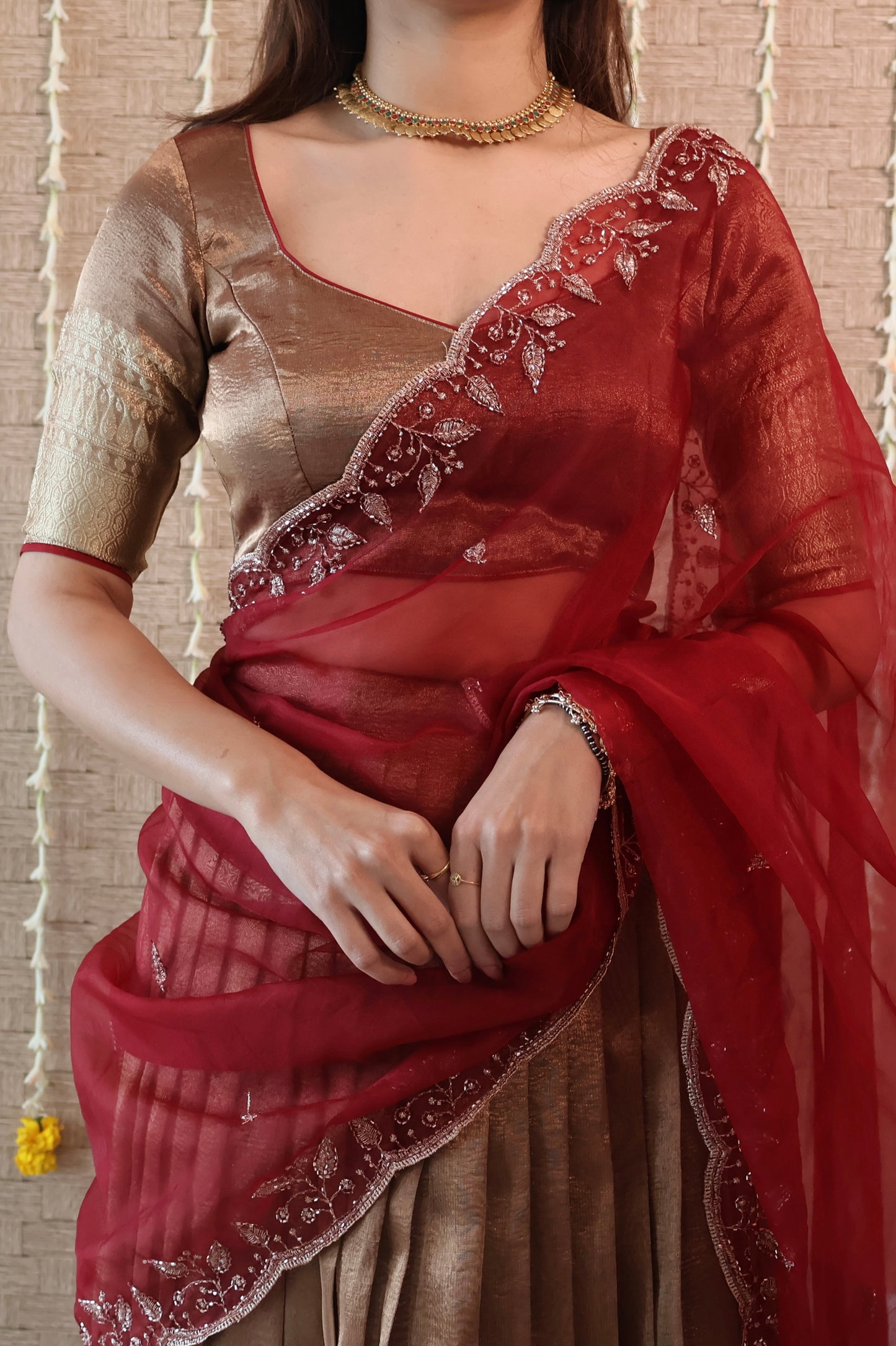 Temple copper Tissue Lehenga Set