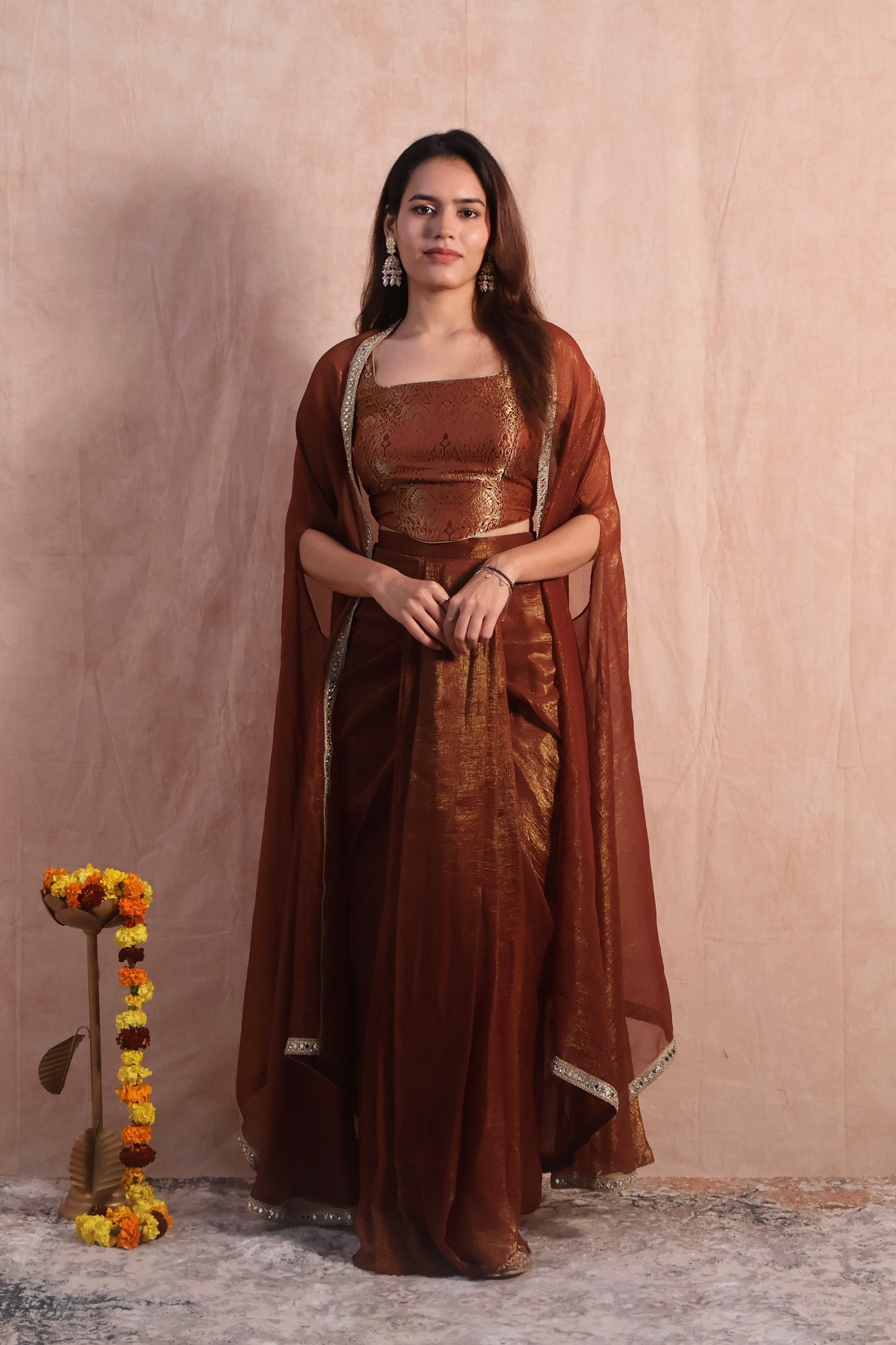 Brown Draped Skirt Set