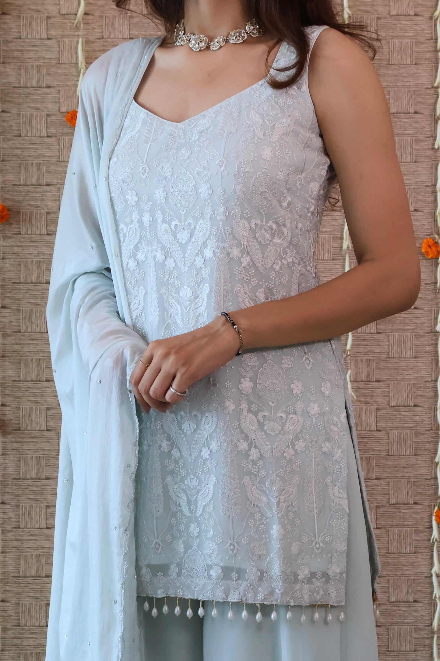 Pastel Blue Georgette Embroidered Sharara Set