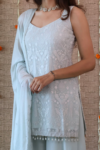 Pastel Blue Georgette Embroidered Sharara Set