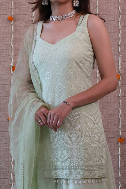 Pastel Green Embroidered Georgette Sharara Set