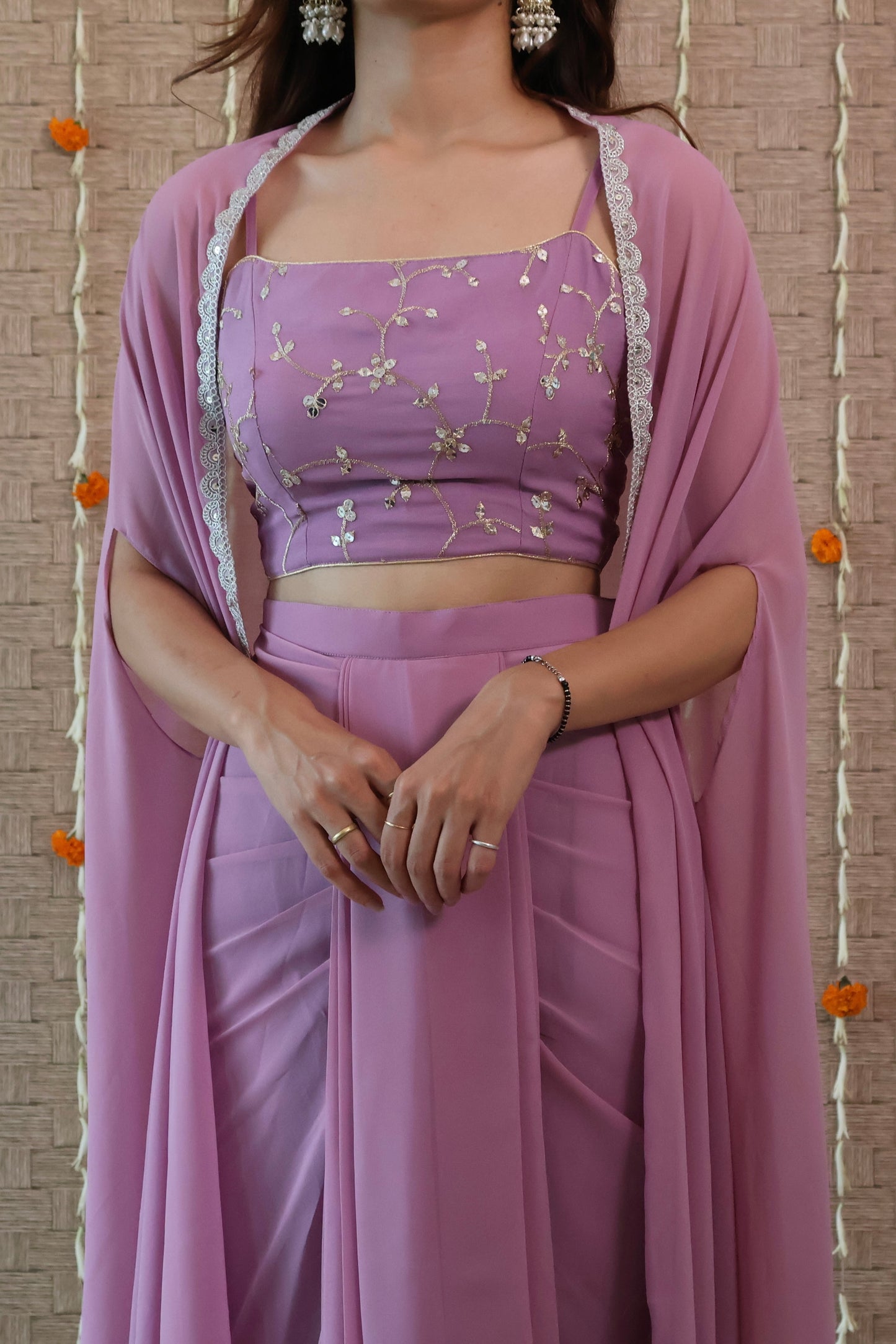 Pastel Purple Georgette Draped Skirt Set