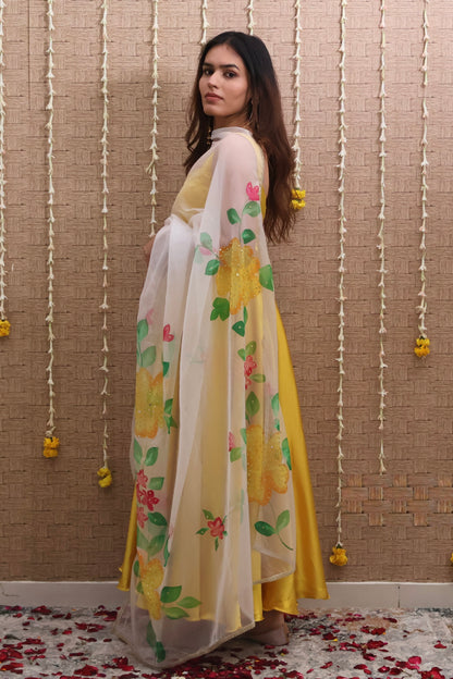 Yellow Satin Anarkali Set