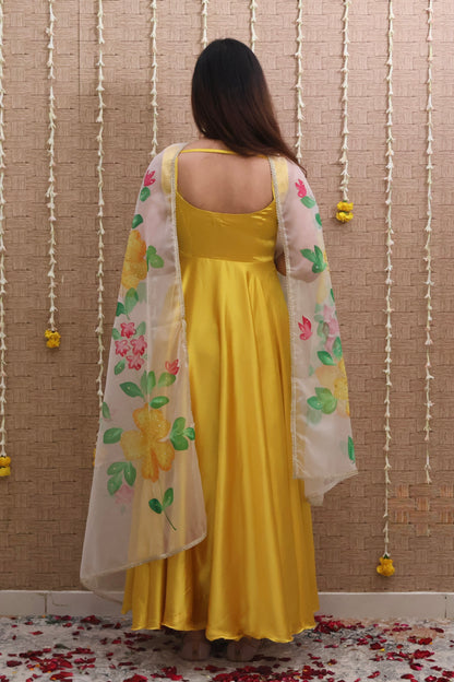 Yellow Satin Anarkali Set