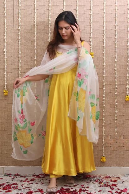 Yellow Satin Anarkali Set