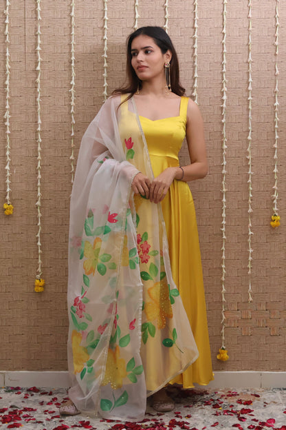 Yellow Satin Anarkali Set
