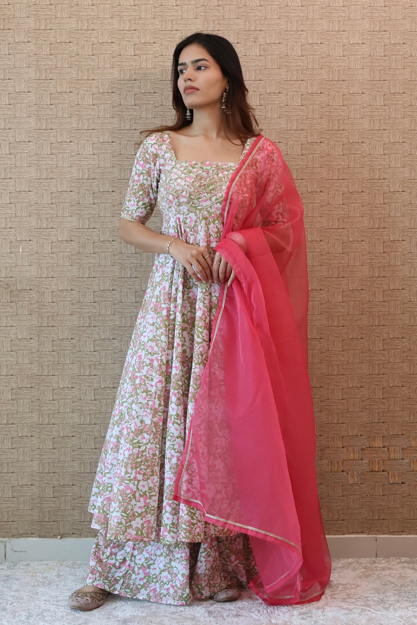 Green and Pink Floral Cotton Anarkali Set
