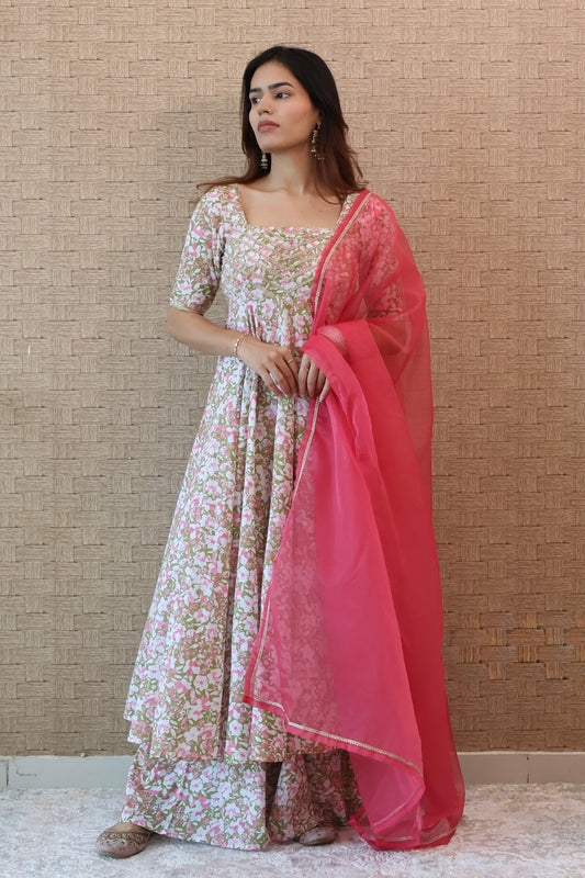 Green and Pink Floral Cotton Anarkali Set