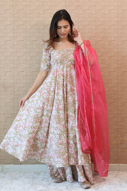 Green and Pink Floral Cotton Anarkali Set