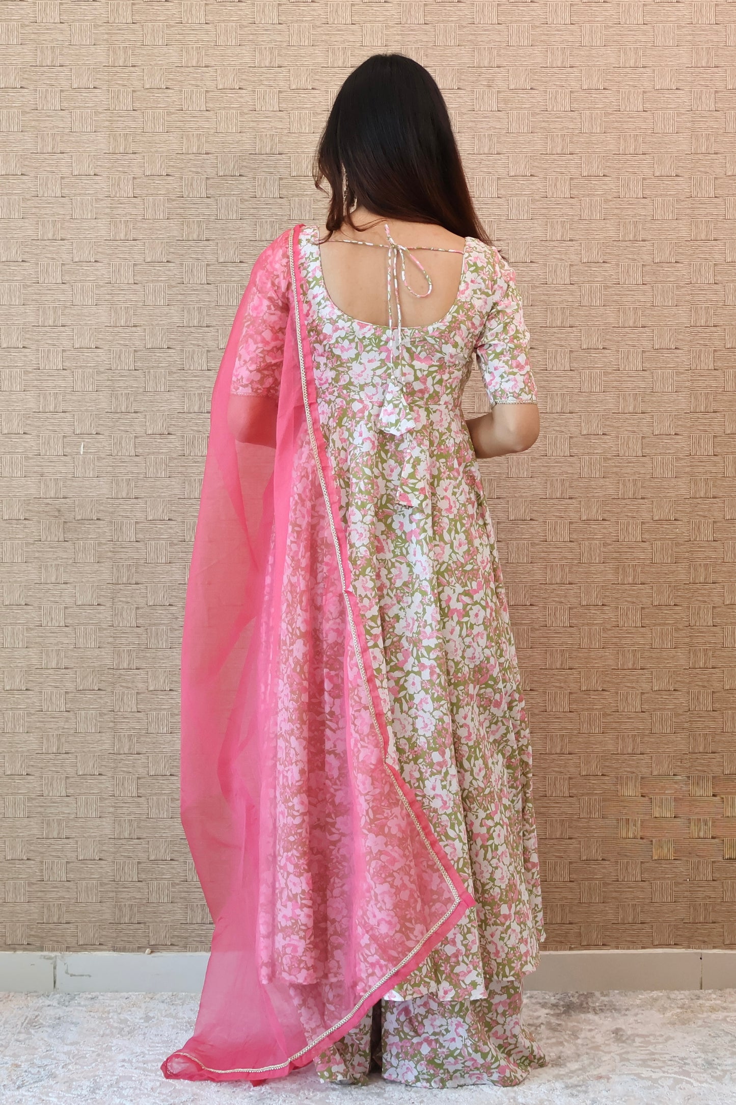 Green and Pink Floral Cotton Anarkali Set