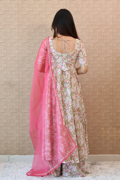 Green and Pink Floral Cotton Anarkali Set