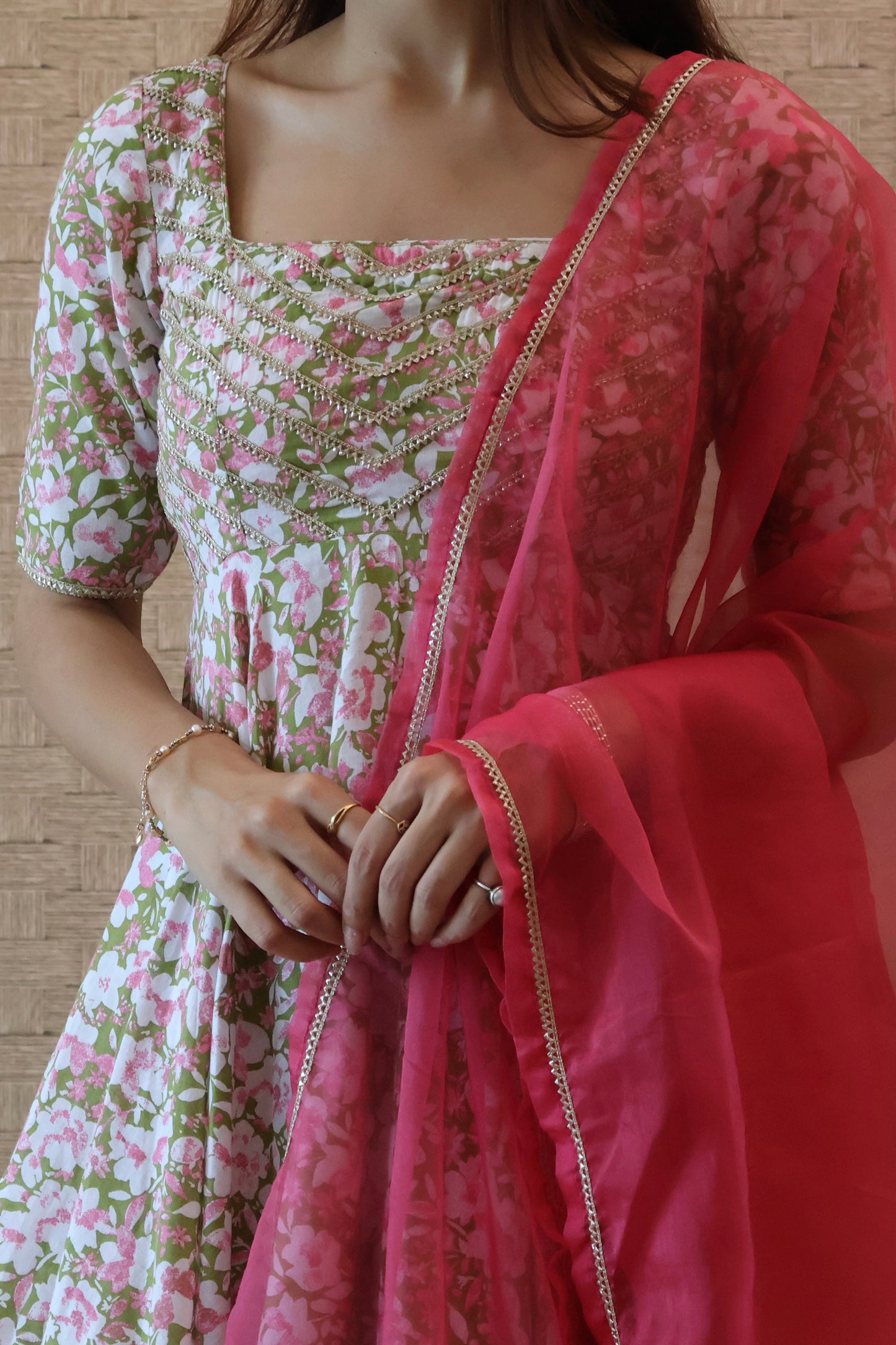 Green and Pink Floral Cotton Anarkali Set