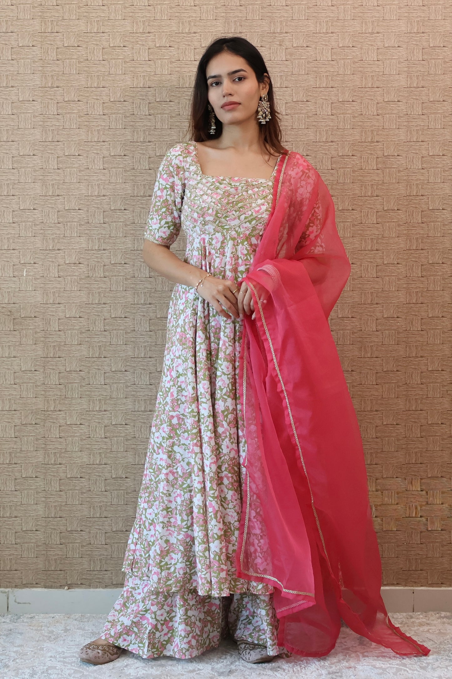 Green and Pink Floral Cotton Anarkali Set