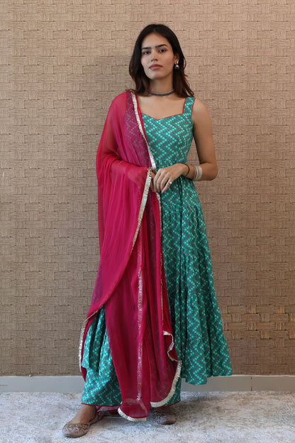 Green Bandhni Cotton Anarkali set