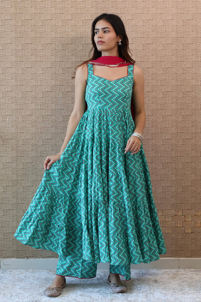 Green Bandhni Cotton Anarkali set