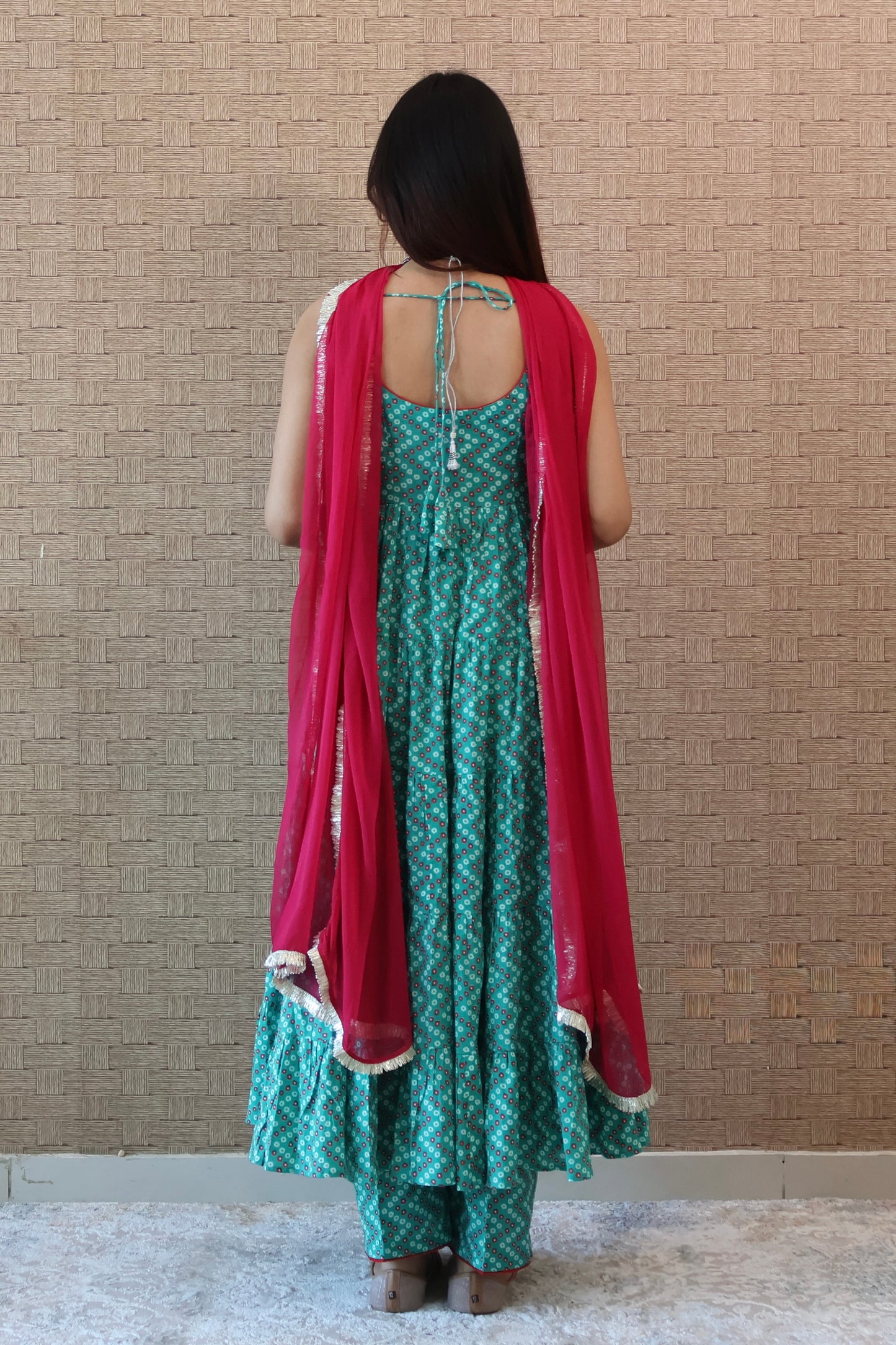 Green Bandhni Cotton Anarkali set