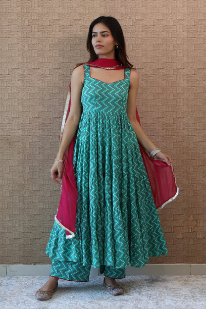 Green Bandhni Cotton Anarkali set