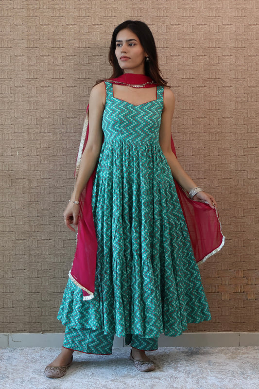 Sea Green Bandhni Cotton Anarkali set