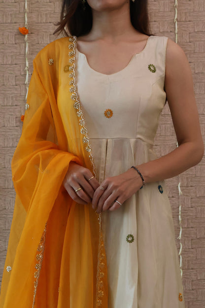 Ivory and Mustard Embroidered Anarkali Set