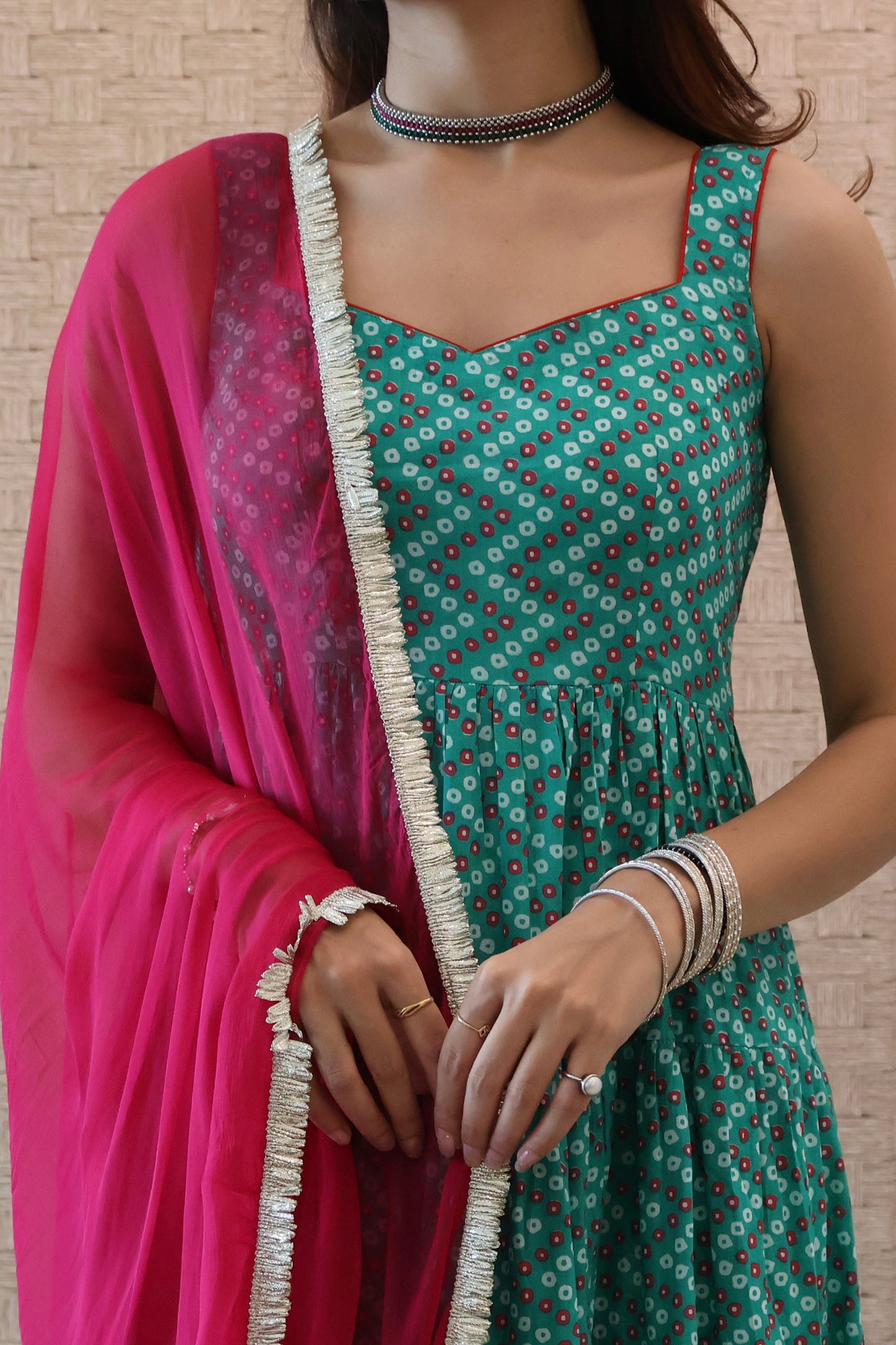 Green Bandhni Cotton Anarkali set